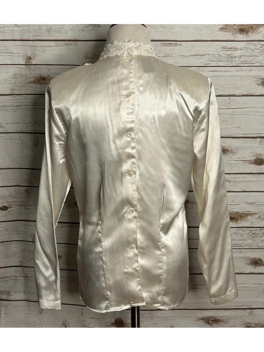 Vintage Victorian ivory satin w/ lace bib high neck long sleeve blouse Size 8 - Picture 4 of 6
